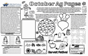 Montana Farmers Union October Ag Pages activity sheet featuring pumpkins, harvest activities and agricultural learning exercises