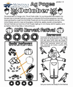 Montana Farmers Union October Ag Pages worksheet for grades K through 2 featuring pumpkins, sunflowers and a scarecrow activity